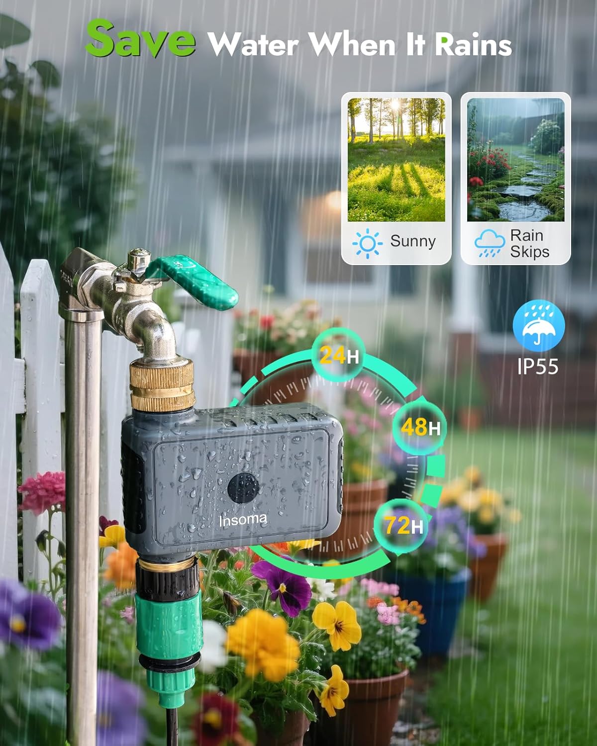 Insoma WiFi Hose Timer - Brass Inlet & Outlet, Voice/App Control Sprinkler Timers with Rain Delay/Manual/Auto Mode, Smart Water Timer for Garden/Lawn/Yard Work with Alexa & Google Home, Energy Saving