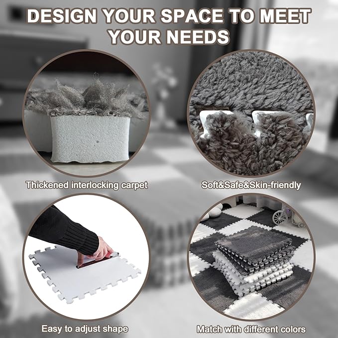 16pcs 0.6" Thickened Interlocking Tile Mats,Fluffy Shaggy Soft EVA Foam Area Rug for Living Room & Bedroom,Non-Slip Protective Floor Carpet Play Mat Kids Baby Dorm Home Decor (11.8ft, Grey)