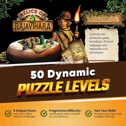 Relics of Rajavihara – Solo Puzzle Adventure Game with 50 Challenges Across 5 Floors – Strategic Logic Board Game for All Ages – Replayable Brain Teasers for Endless Fun