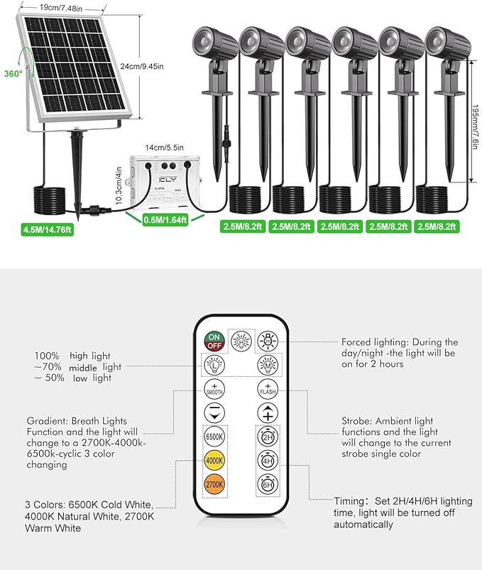 CLY 6 in 1 Solar Spotlights Landscape Outdoor Garden, Solar Spotlights IP66 Waterproof Landscape Lighting with Remote 18M Cable for Garden, Lawn, Patio, 2700K/4000K/6500K