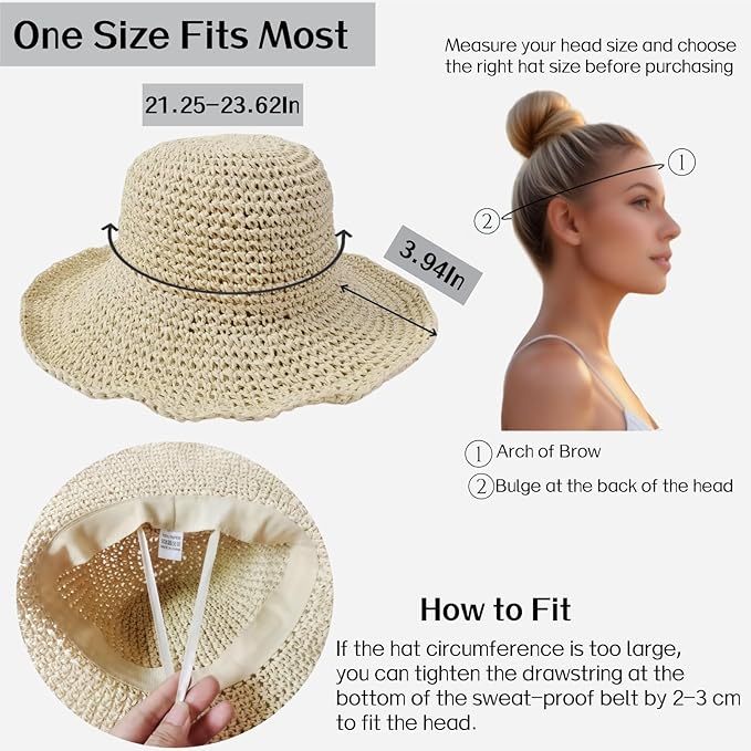 Womens Straw Beach Sun Hats, Foldable Packable Floppy Handmade Crochet Hats for Women,Large Summer Vacation Wide Brim Hat