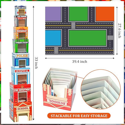 Cinrobiye Community Helpers Sorting and Stacking Set with Wooden Figures Traffic Signs Vehicles Modern City Mat Vehicle Preschool Learning Montessori Game Nesting Boxes for Boys Girls Birthday Gift