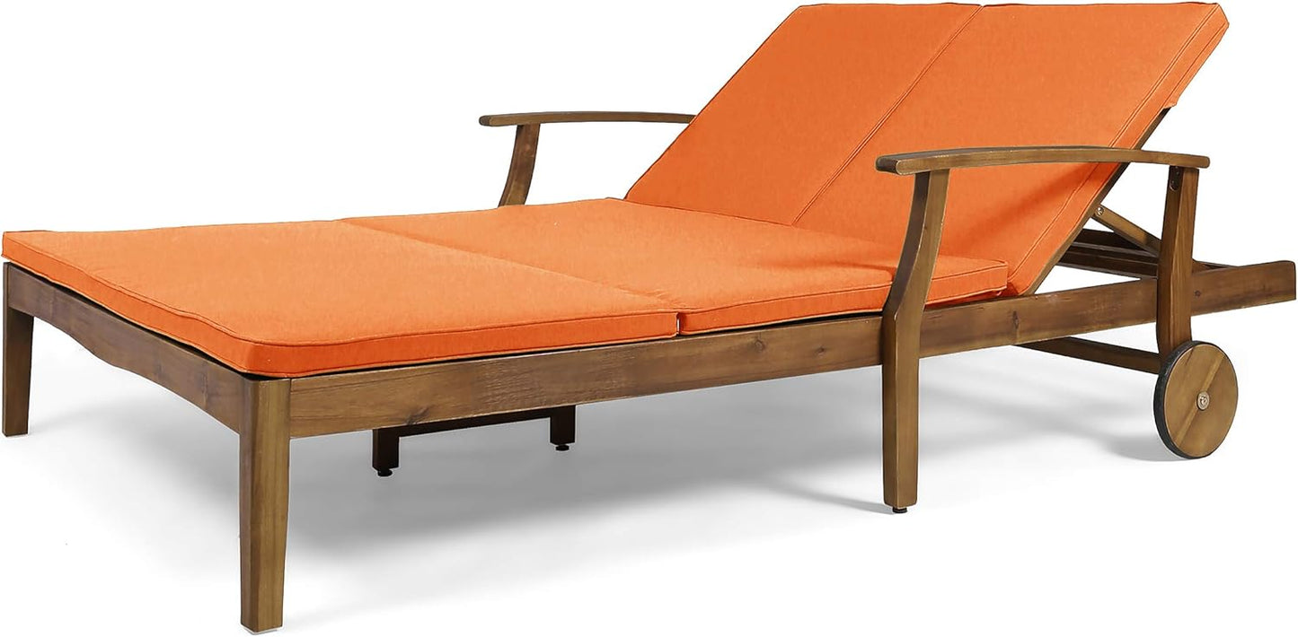 Christopher Knight Home Samantha Double Chaise Lounge for Yard and Patio, Acacia Wood Frame, Teak Finish with Orange Cushions