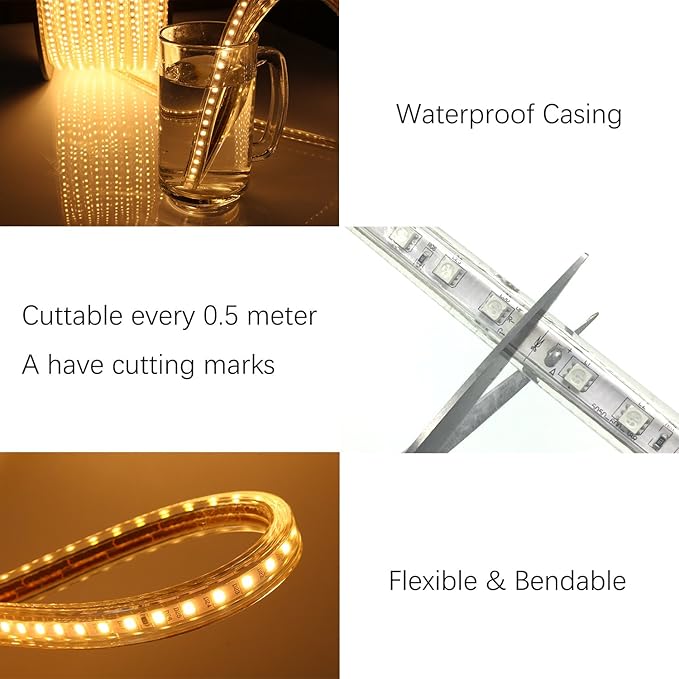 5050-60 Type AC 110-120V RGB LED Strip Lights, Flexible/Waterproof/Dimmable/Multi-Colors/Multi-Modes LED Rope Light + 24 Keys Remote for Home/Garden/Building Decoration (98.4ft/30m, RGB)