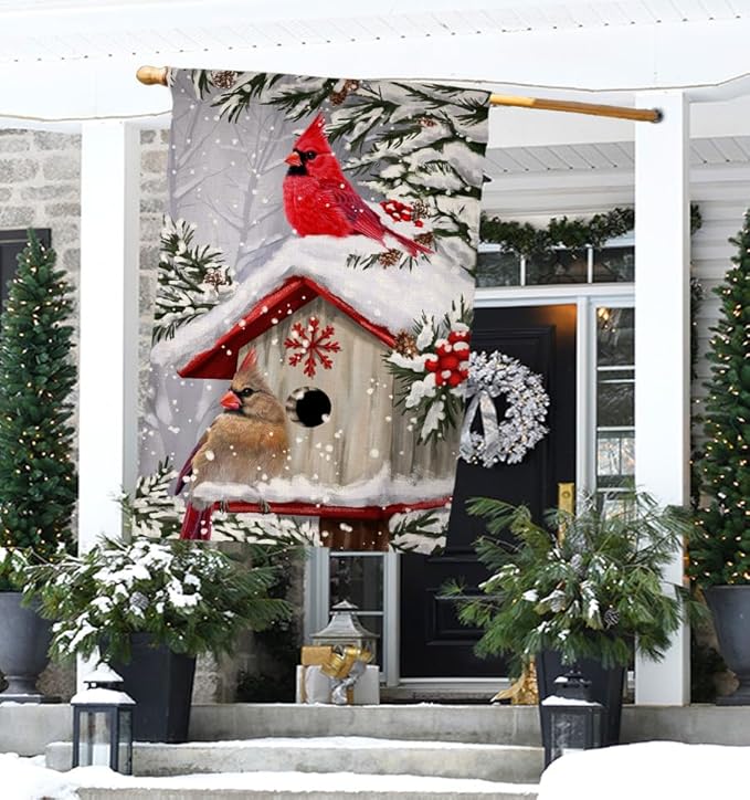 BLKWHT Winter Cardinal Bird House Flag 28 x 40 Vertical Double Sided Trees Snow Christmas Holiday Outside Decorations Burlap Yard Flag BW735-40