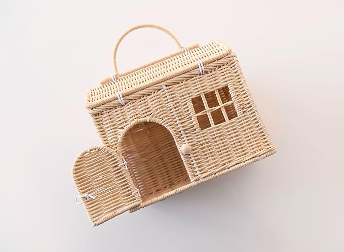 Rool Rattan House Shaped Basket Wicker Small Dollhouse Gift for Girls, Boho Toys, Mouse in a Box House, Little Girl Purse Clutch, Doll Carrier (Cream)