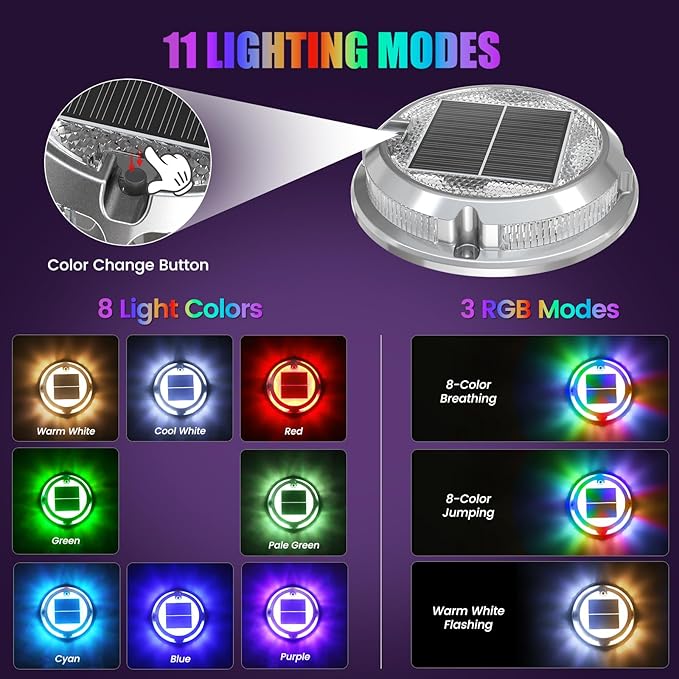 Quntis RGB Solar Deck Lights 12 Pack, 11 Lighting Modes Solar Driveway Lights Outdoor Waterproof IP68, Step Light for Outside, Deck Light for Stair Pathway Walkway