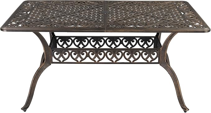Outvita 59inch Patio Dinning Table, Outdoor Cast Aluminum Large Rectangle Table with Umbrella Hole and Antique Design for Backyard Pool Balcony Deck