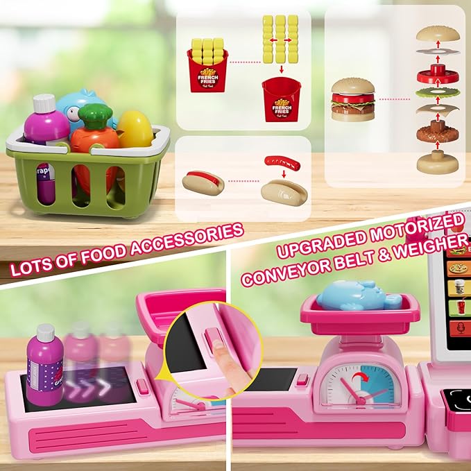 63PCS Cash Register for Kids, Kids Cash Register with Real Calculator, Pretend Play Store with Music/Motorized Conveyor/Play Money/Food Toys, Learning Toys for Boys Girls 3+, Pink