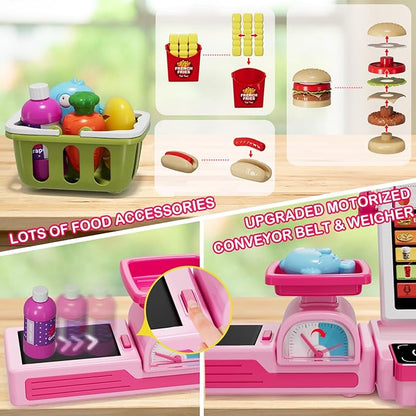 63PCS Cash Register for Kids, Kids Cash Register with Real Calculator, Pretend Play Store with Music/Motorized Conveyor/Play Money/Food Toys, Learning Toys for Boys Girls 3+, Pink