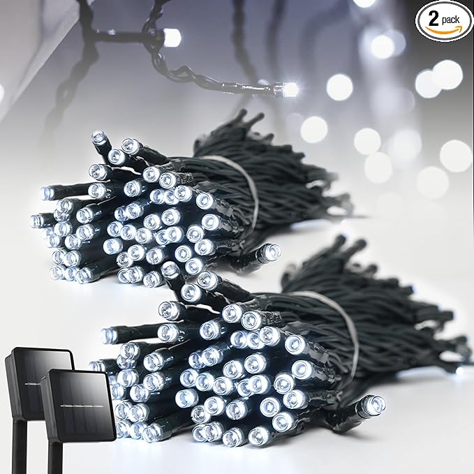Solar String Lights 2 Pack 100ft Outdoor Waterproof 200 Led Fairy Lights 8 Modes - Ideal for Garden, Courtyards, Trees (Cool White)