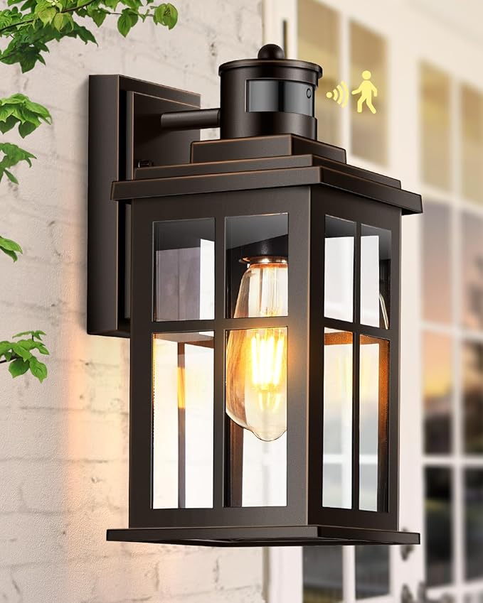 Distance-Adjustable Motion Sensor Outdoor Lights, Oil Rubbed Bronze Wall Mounting Porch Light, Waterproof Dusk to Dawn Exterior Lighting Fixtures Sconce, Anti-Rust Outdoor Lanterns for Porch