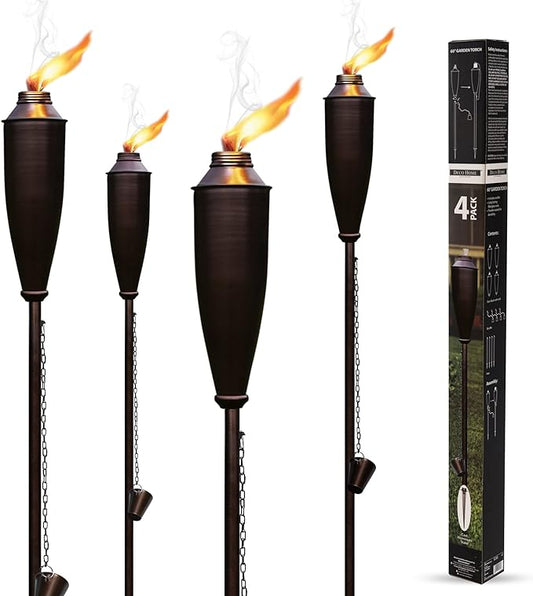 Garden Torches for Outside -Deco Home Pack of 4 Metal Garden Torches Citronella Oil for Outdoor Ambiance - Decorative and Functional Citronella Torches for Patio, Lawn, and Backyard- Bronze