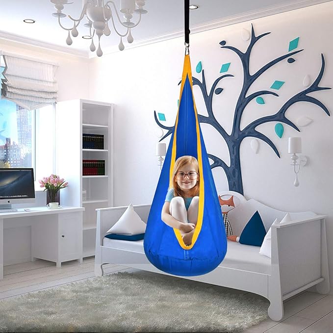 Kids Pod Swing Hanging Seat Child Hammock Chair Indoor and Outdoor Sensory Swing 100% Cotton Loading Capacity 170 lbs (Blue)