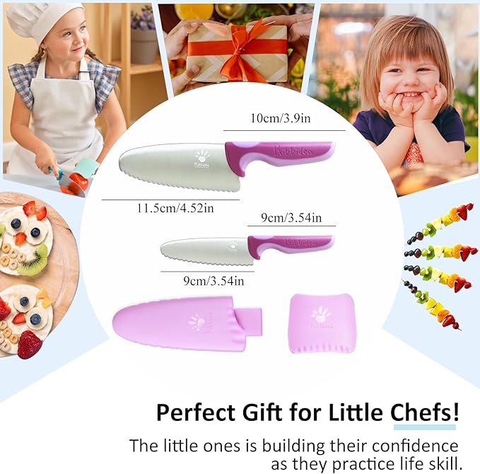 Kibbidea 4 Pcs kids knife set for real cooking, Kids First Cutting Knives Set, Round Tip Kids Friendly Kitchen Knife, BPA-free Stainless Steel Kids Chef Knife to Learn to Cook (Violet)