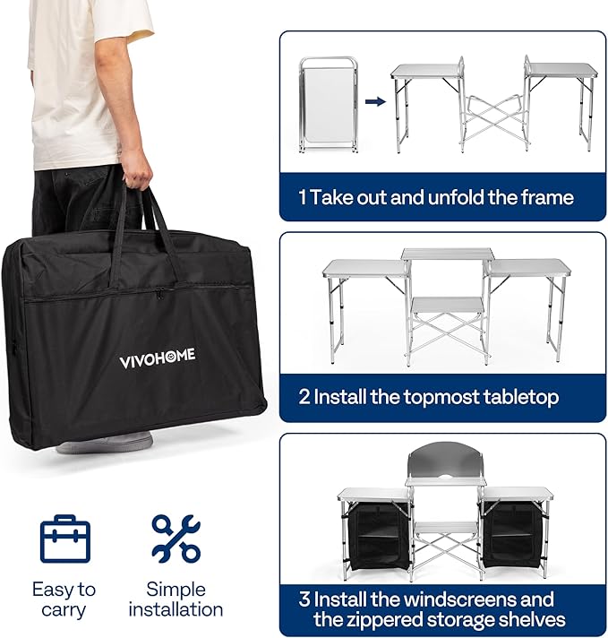 VIVOHOME Folding Camping Kitchen Station Table with Storage Organizer, 2 Side Tables, Stainless Steel Windscreen, Outdoor Portable Cook Station for BBQ, Picnics