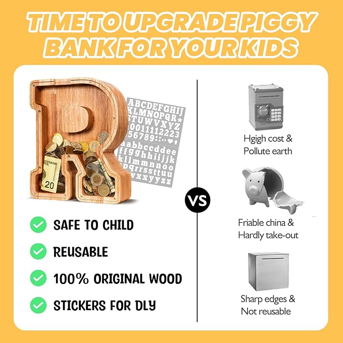 KMC Wooden Letter Piggy Bank, Personalized Initial Piggy Bank for Kids Boys, Clear Alphabet R Wood Money Box, Unbreakable Coin Saving Jar, Birthday, for Children