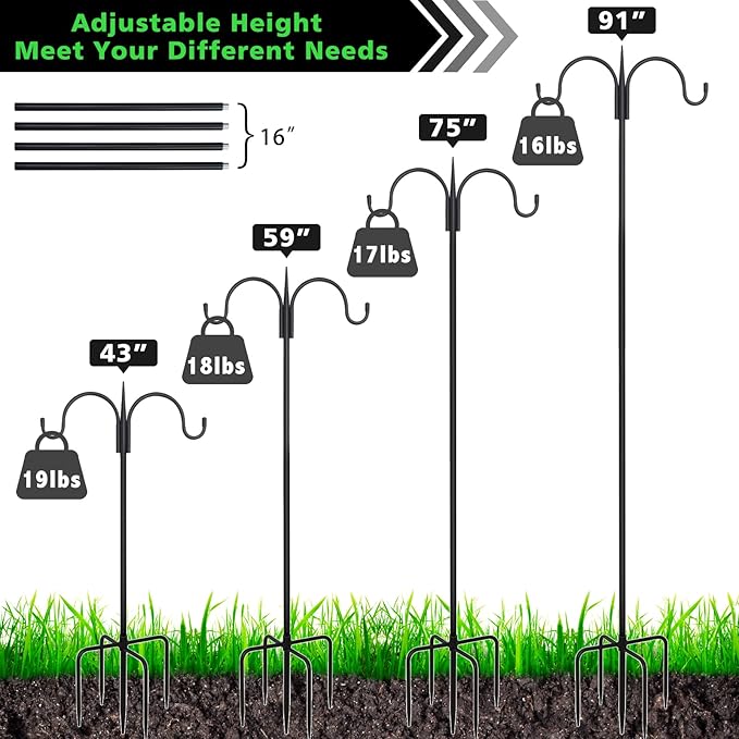 FEED GARDEN Adjustable Double Shepherds Hook for Outdoor with 5 Prong Base 92 Inch Heavy Duty Two Sided Bird Feeder Pole for Hanging Plant Baskets, Solar Light Lanterns, Wind Chimes 2 Pack