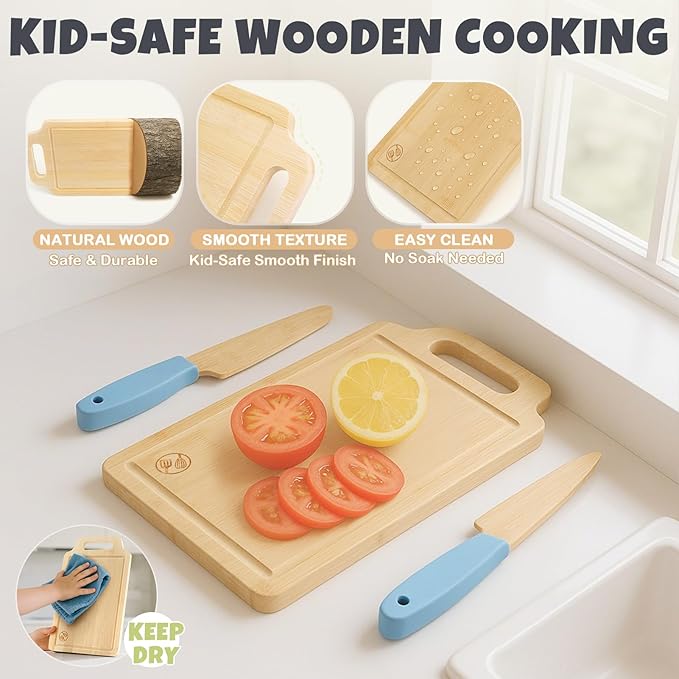29 PCS Wooden Kids Cooking Set, Toddler Montessori Cooking & Baking Kitchen Tools for Real Cooking, 3 Knifes, Real Cutting Board, Apron, Kid Safe Kitchen Utensils for 3+ Year Old Boys Girls Gift
