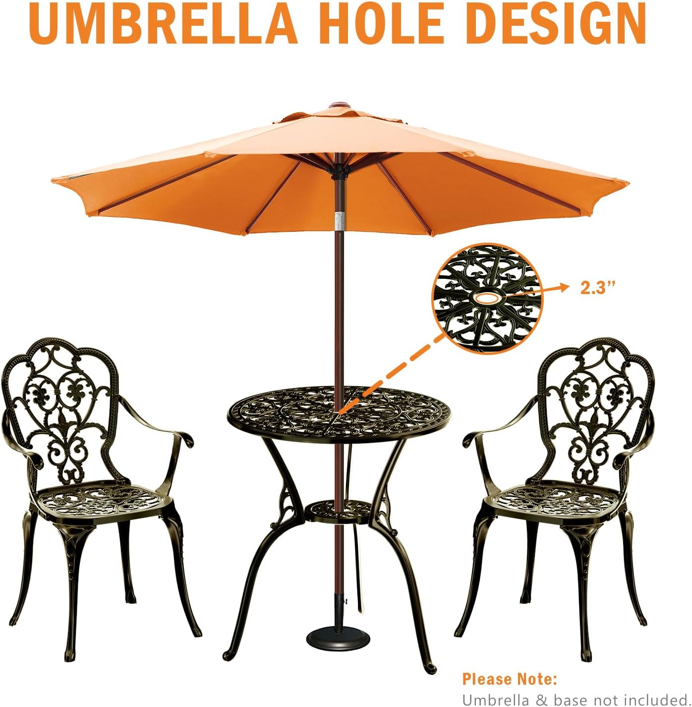 Patio Bistro Set of 2, Cast Aluminum, Outdoor Set w/Umbrella Hole, 3 Piece Table and Chairs Set, Bistro Set for Backyard/Garden/Lawn, Golden Bronze