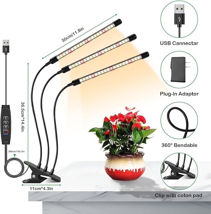 Full Spectrum LED Grow Light for Indoor Plants, 3 Heads Grow Lights for Seed Starting, 10 Dimmable Levels & 3 Timer Modes (3/9/12H), Adjustable 360° Gooseneck with Clip, 6000K Plant Grow Light