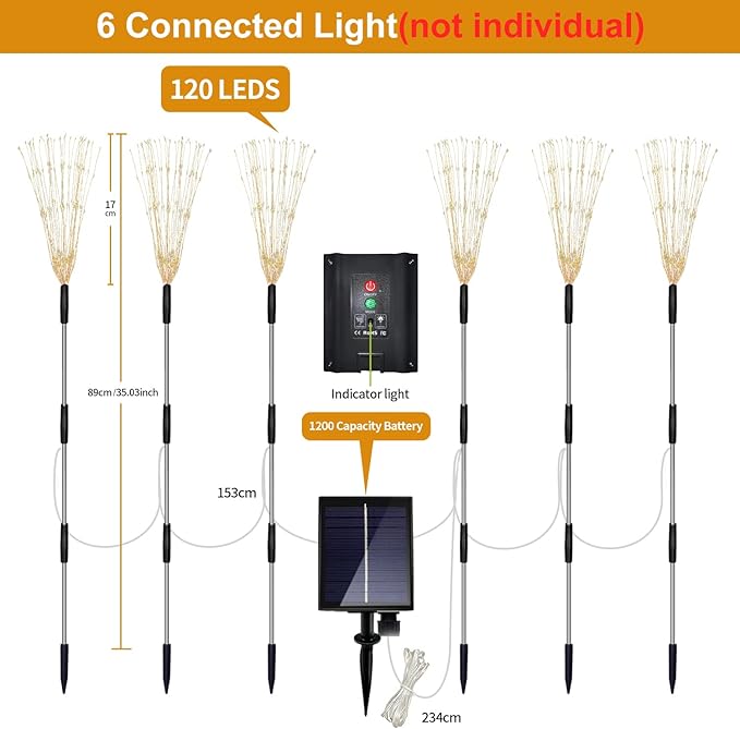 6 Pack Solar Garden Lights Outdoor, Firework Lights 8 Modes with Remote DIY Outdoor Decor,120 LED Waterproof Garden Fireworks Lamp, Landscape Outdoor Light for Pathway Backyard Lawn (Warm White)