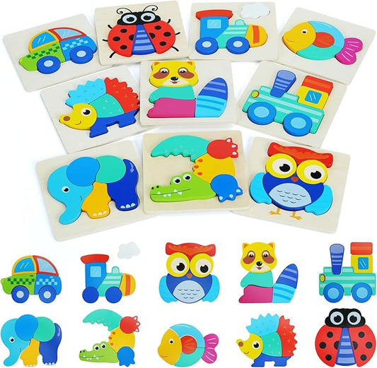 QZMTOY Toddler Puzzles 10 Pack Wooden Puzzles for Toddlers,Montessori Puzzles for 1-3 2-4 Year Old,Infant Baby Learning Toys,Animal Vehicle Shape Jigsaw Puzzles Gift for Boys Girls-Large 3D Blocks…