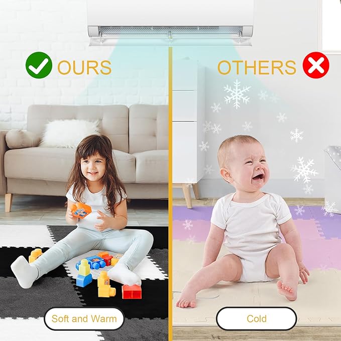 12 Pcs Plush Interlocking Carpet Tiles, Non-Toxic Foam Carpet Tiles for Toddler Baby, Machine-Washable, Anti-Slip, EVA Foam Interlocking Tiles for Floor, Nursery, Playroom, Grey White Black