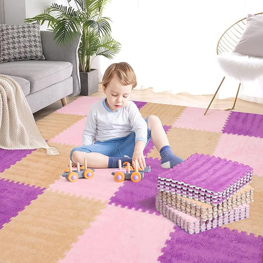 36 Pcs Plush Interlocking Carpet Tiles, Non-Toxic Foam Carpet Tiles for Toddler Baby, Machine-Washable, Anti-Slip, EVA Foam Interlocking Tiles for Floor, Nursery, Playroom, Purple, Light Brown, Pink