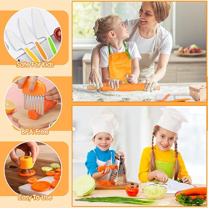 Kids Cooking Sets Real, Kids Cooking and Baking Gift Set with Storage Case Timer Kid Safe Knives Cutting Board, Toddler Real Kitchen Accessories, Birthday Gifts for Girls Boys Age 4 - 8