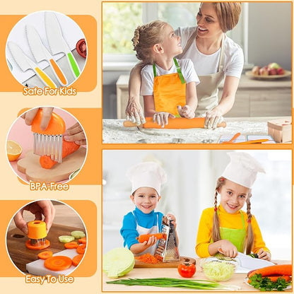 Kids Cooking Sets Real, Kids Cooking and Baking Gift Set with Storage Case Timer Kid Safe Knives Cutting Board, Toddler Real Kitchen Accessories, Birthday Gifts for Girls Boys Age 4 - 8