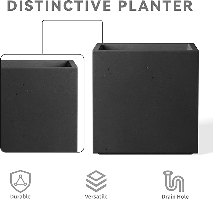 Kante 12 Inch Square Concrete Planter for Outdoor Indoor Home Patio Garden, Large Plant Pot with Drainage Hole and Rubber Plug, Black