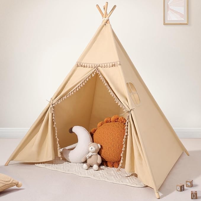 Sumbababy Teepee Tent for Kids Indoor – Cotton Canvas Play Tent with Tassel Trim, Foldable Toddlers Tent for Boys, Ideal Gift with Star Lights, Banner & Carry Bag (Khaki)