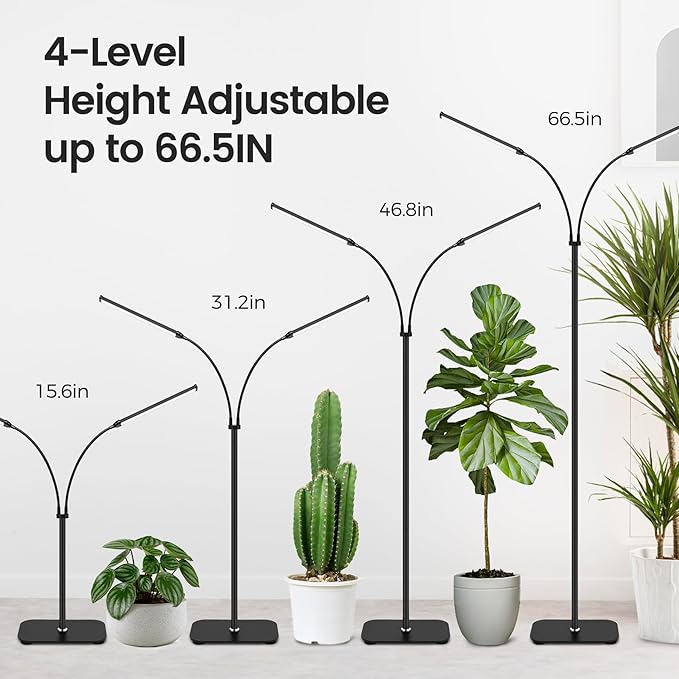 Plant Light for Indoor Growing, Full Spectrum Grow Light with 2 Heads,66.5in Extendable,144LEDs,10-Level Dimmable, Automatic Timer,Adjustable Gooseneck Floor Lamp for Tall Large Plants