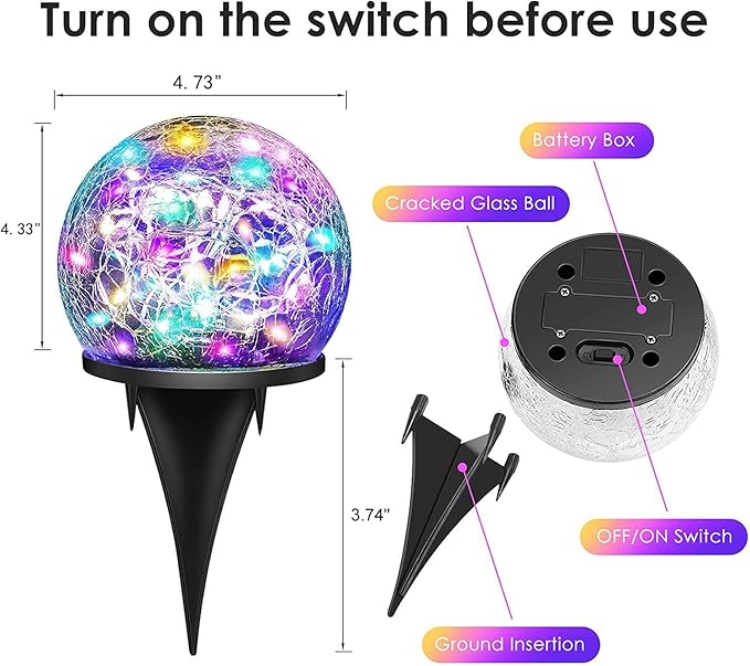 Solar Garden Lights, 2 Pack 80 LED Colored Cracked Glass, Multicolor Outdoor Decorative Ball Lights for Yard, Pathway, Patio, Christmas, 4.73