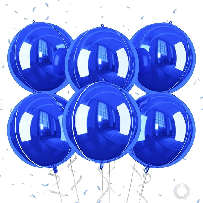 Giant 4D Foil Balloons, 6Pcs Large Metallic Royal Blue Round Balloons, 22 Inch Big Round Foil Balloon for Blue Sea Birthday Party Baby Shower Wedding Decorations