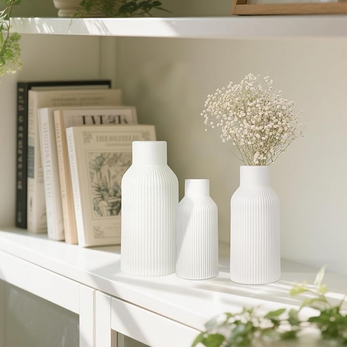 Ceramic Vase Set of 3, White Vase for Modern Home Decor, Decorative Vases for Bouquet Pampas Grass Dried Flowers, Living Room, Bedroom, Bathroom, Shelf Centerpiece Table Decorations
