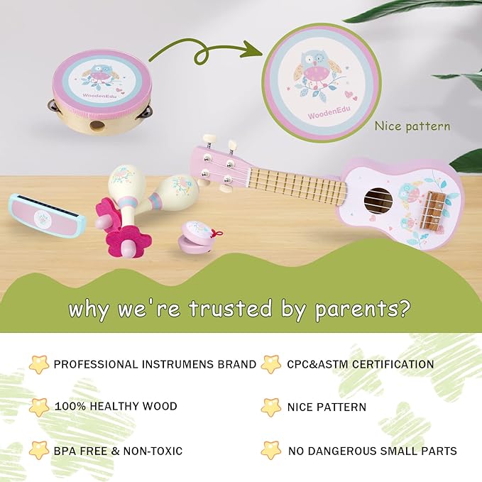 Kids Guitar for Girls, Wooden Musical Instruments Toys with Ukulele, Tambourine, Maracas, Harmonica, Mini Band Sets for Toddlers 2 3 Years Old Birthday Gift (Pink for Girls)