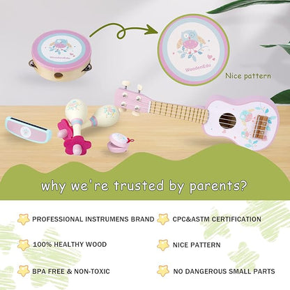 Kids Guitar for Girls, Wooden Musical Instruments Toys with Ukulele, Tambourine, Maracas, Harmonica, Mini Band Sets for Toddlers 2 3 Years Old Birthday Gift (Pink for Girls)