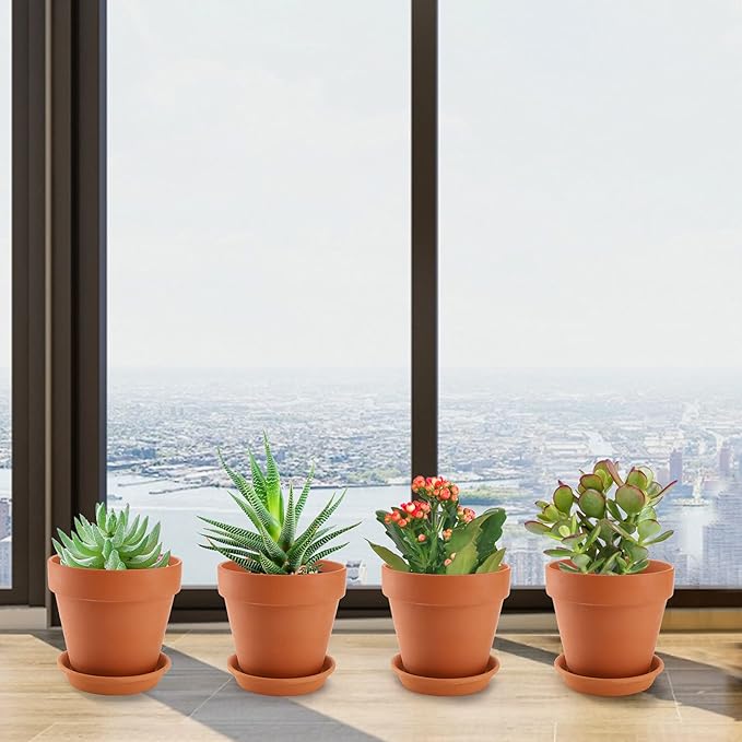 Suwimut 4 Pack Terracotta Plant Pots with Saucer, Large 6 Inch Terra Cotta Plant Pot with Drainage Hole, Clay Flower Pot with Tray for Indoor Outdoor Plant, Crafts Terra Cotta Planter