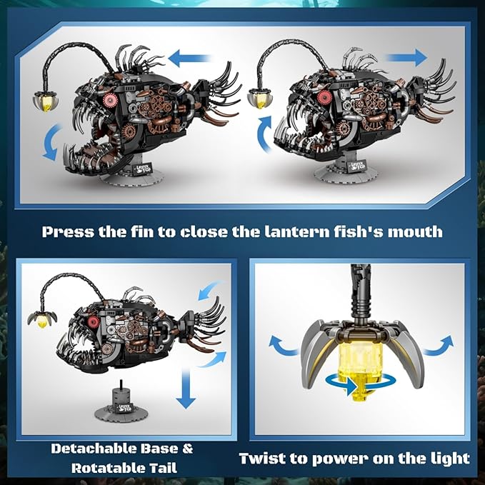 Mechanical Angler Fish Building Block Set - STEM Toys for Boys & Girls 8-14+, Deep Sea Ocean Creature Kit, Home/Office Decor with Light, Great Gift for Kids & Adults(1038+Pieces)