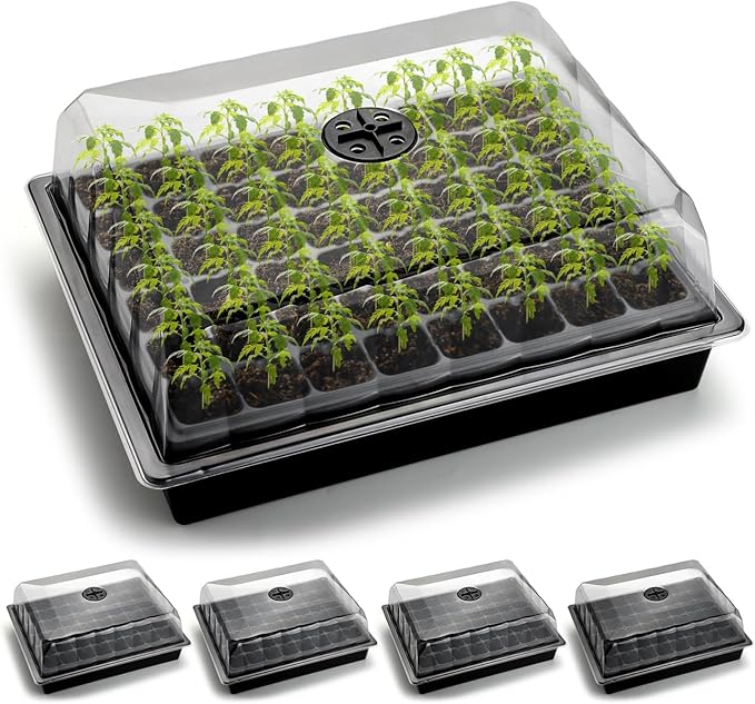 Anti-drip Seedling Starter Trays with 4" Humidity Dome, 5sets Seed Starting Tray with 240 Cells and Lid, Mini Propagator Grow Kit,Seed Herb 2.76'' Cell Tray for Seedling Propagation Grow(48cell/tray)