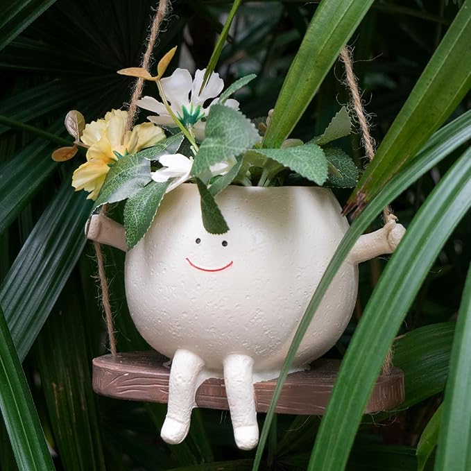 2 Pcs Swing Hanging Planters for Indoor Plants Swinging Plant Pot Face Hanging Flower Pots Resin Head Planter for Outdoor Succulents Gift Ideas for Mother