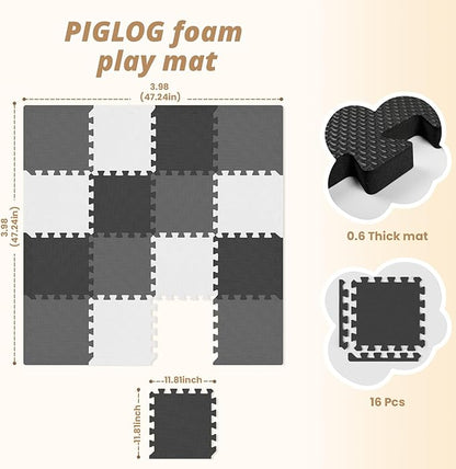 16 Tiles Baby Play Mat for Floor, EVA Foam Baby Floor Play Mat with 0.6 Inch Thick Interlocking Foam Tiles, Foam Floor Tiles for Baby, Toddlers and Kids (Gray-White- Black, 16PCS)