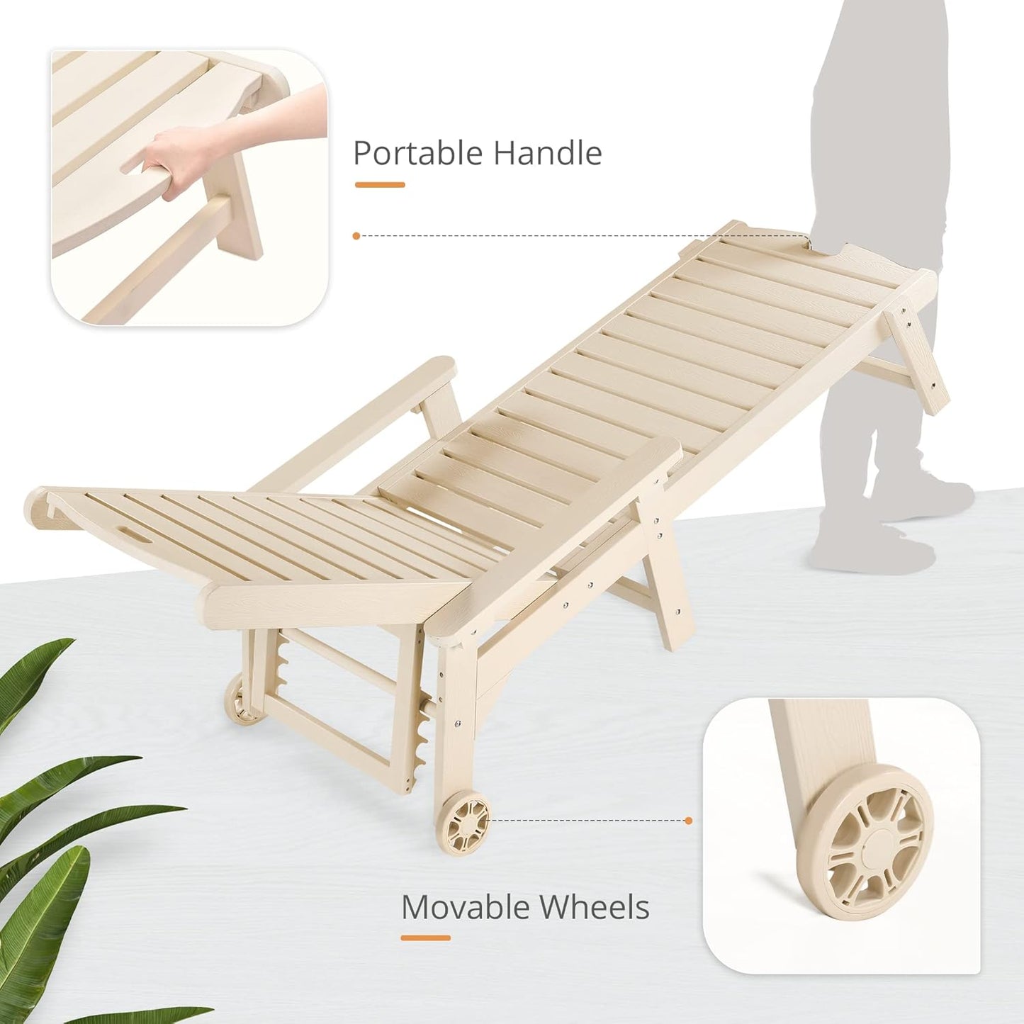 LUE BONA Outdoor Chaise Lounge, 79'' Oversized HDPS Chaise Lounger, 5 Positions Adjustable Lounge Chairs, Pool Lounge Chair with Wheels for Poolside, Backyard, 3 Year Warranty, Sand