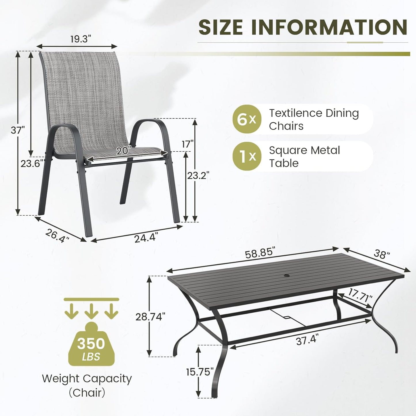 UDPATIO Patio Dining Set of 7, Outdoor Table and Chairs Set with Square Metal Table, 6 Stackable Patio Chairs with High Back, Outdoor Furniture for Deck Garden Backyard Lawn Poolside (Light Grey)