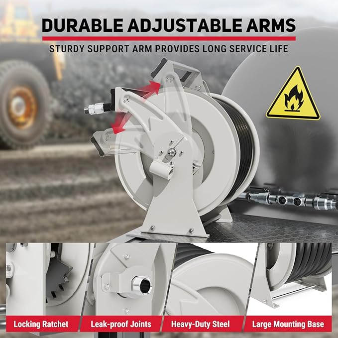 Diesel Fuel Hose Reel 1" x 50FT 300PSI Retractable Fuel Hose Reel Heavy-Duty Steel Ratchet Spring Driven Professional Diesel Hose Reel Auto Swivel Rewind with Fuel Nozzle for Vehicle Tank Truck Ship