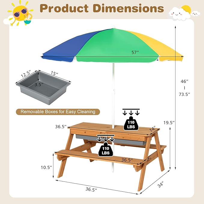 Costzon Kids Picnic Table with Sensory Bins, 4 in 1 Sand and Water Table with Height Adjustable Umbrella, Removable Tabletop, Wooden Kids Outdoor Table for Backyard Patio Play