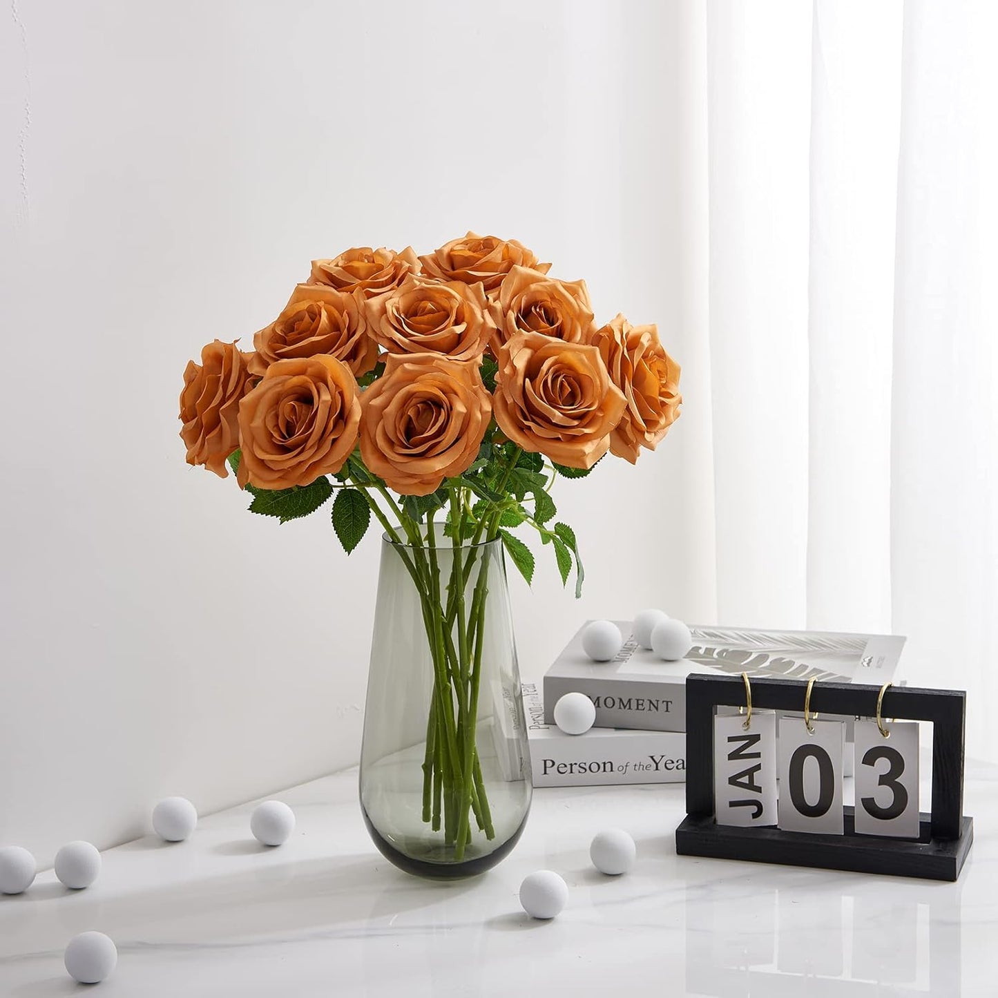 Artificial Rose 10pcs Open Flower Bouquet Faux Rose Stems for Wedding Arrangement, Bridal Bouquet, Centerpiece, Fake Faux Silk Flowers (Orange Terracotta)