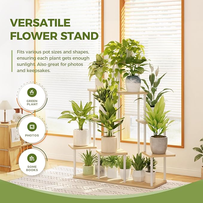 Bamworld Large Plant Stand Indoor, 9 Tier Tall Metal Plant Shelf for Multiple Plants, Tiered Flower Stand for Patio Garden Balcony Living Room Bedroom(White)